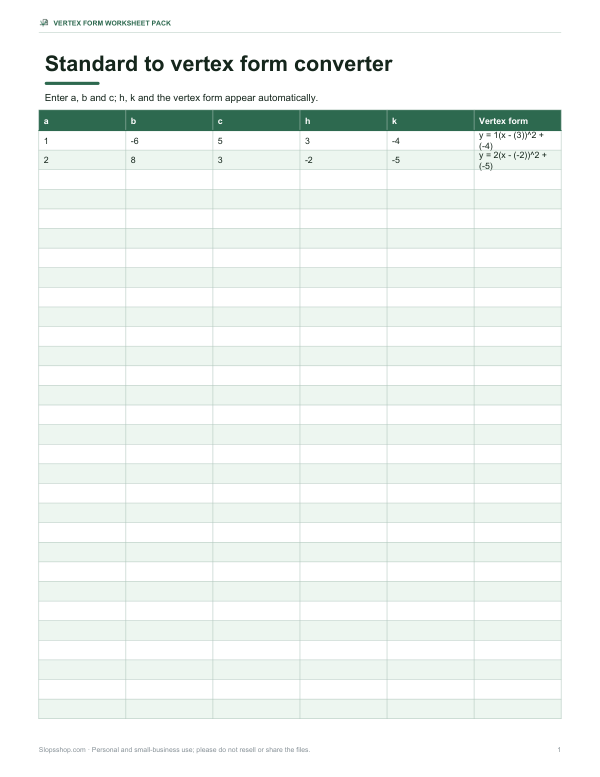 Preview of Printable Vertex Form Solver Worksheet