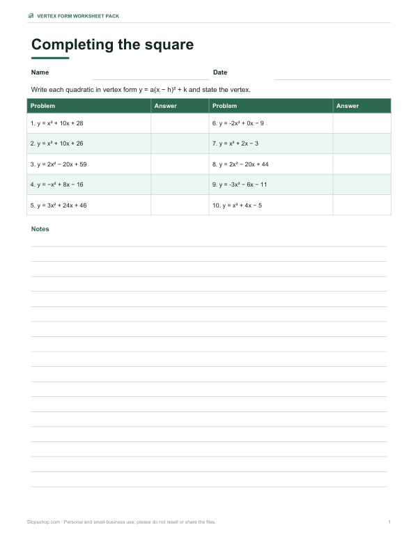 Preview of Vertex Form Completing the Square Worksheet