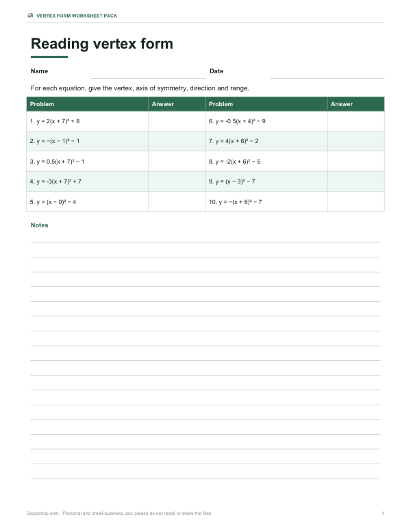 Preview of Printable Vertex Form Worksheet